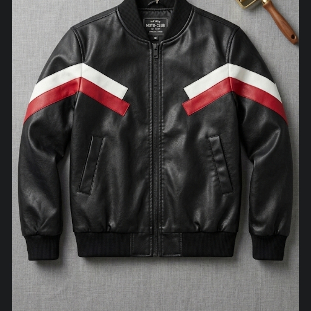 Black Bomber Jacket with Red and White Accents